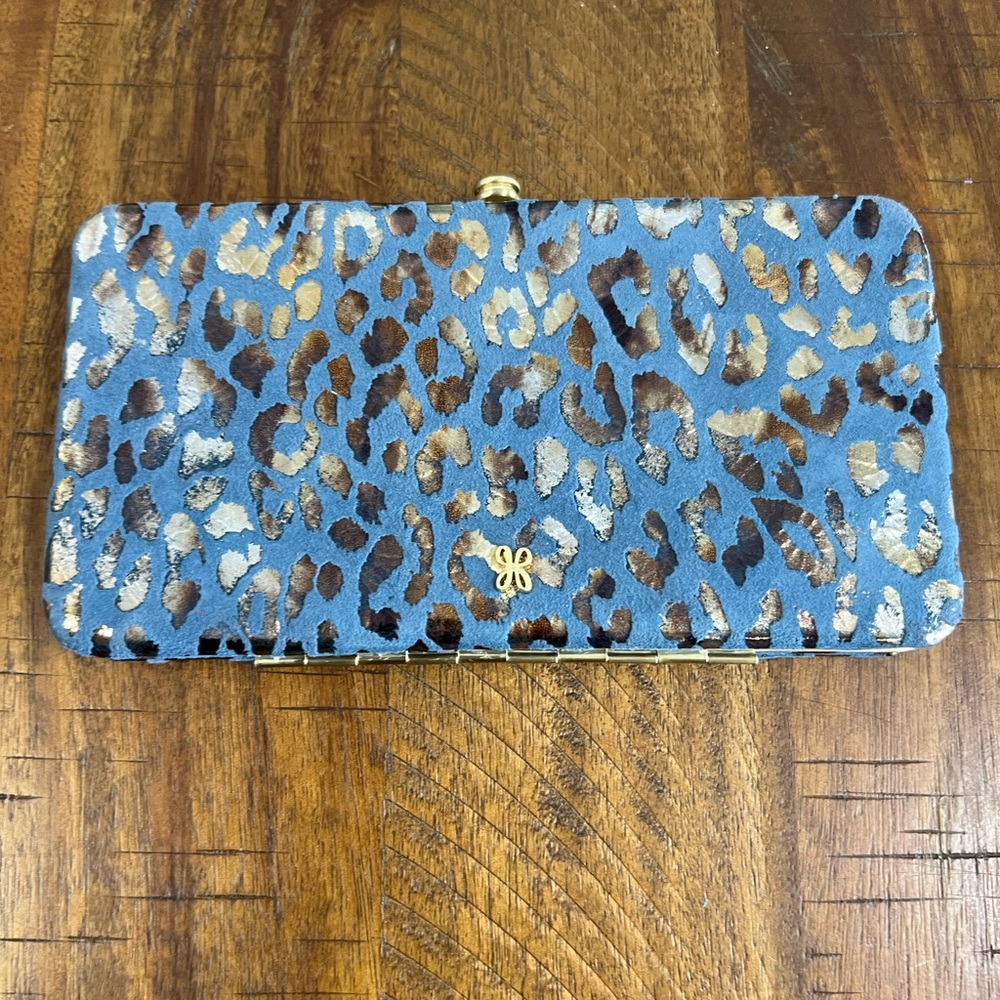 HOBO Cheetah Print Leather Wallet Clutch Gold Frame Animal Print NWOT
